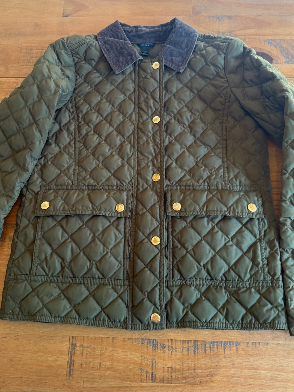 J. Crew Womens Quilted Olive Green Puffer Jacket with Brown Corduroy Collar